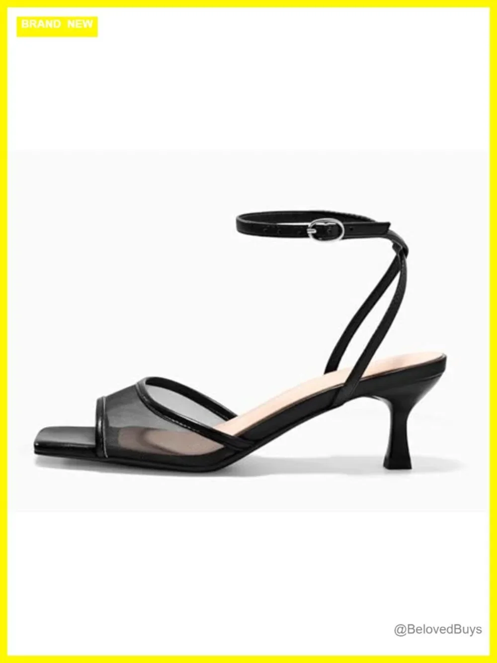 Womens Strappy Kitten Heel Sandals Mesh Square Open Toe Ankle Strap Dress Shoes